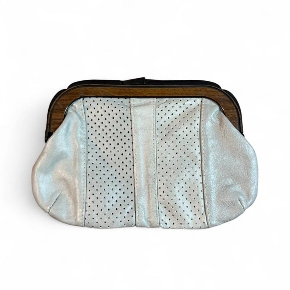 Vintage 60s‎ leather clutch bag wooden/plastic frame & kiss-lock closure